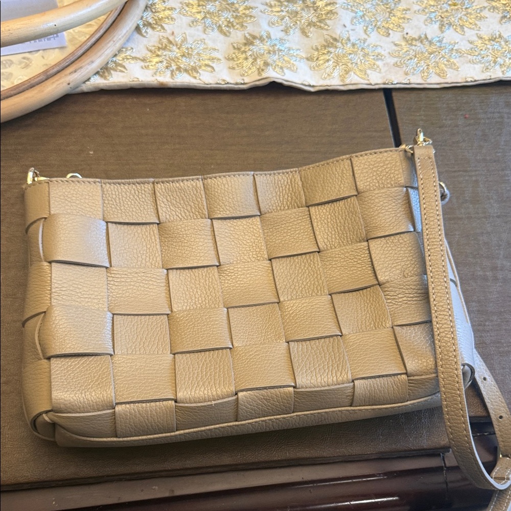 Elegant Taupe Woven Leather Crossbody Bag
